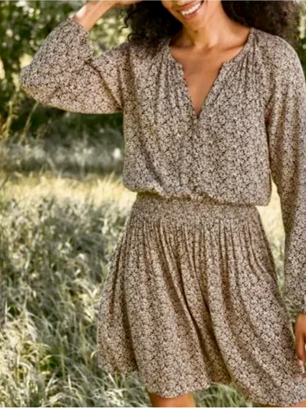 Faherty XL Montara Green Leaf Batik Print Smocked Long Sleeve Dress